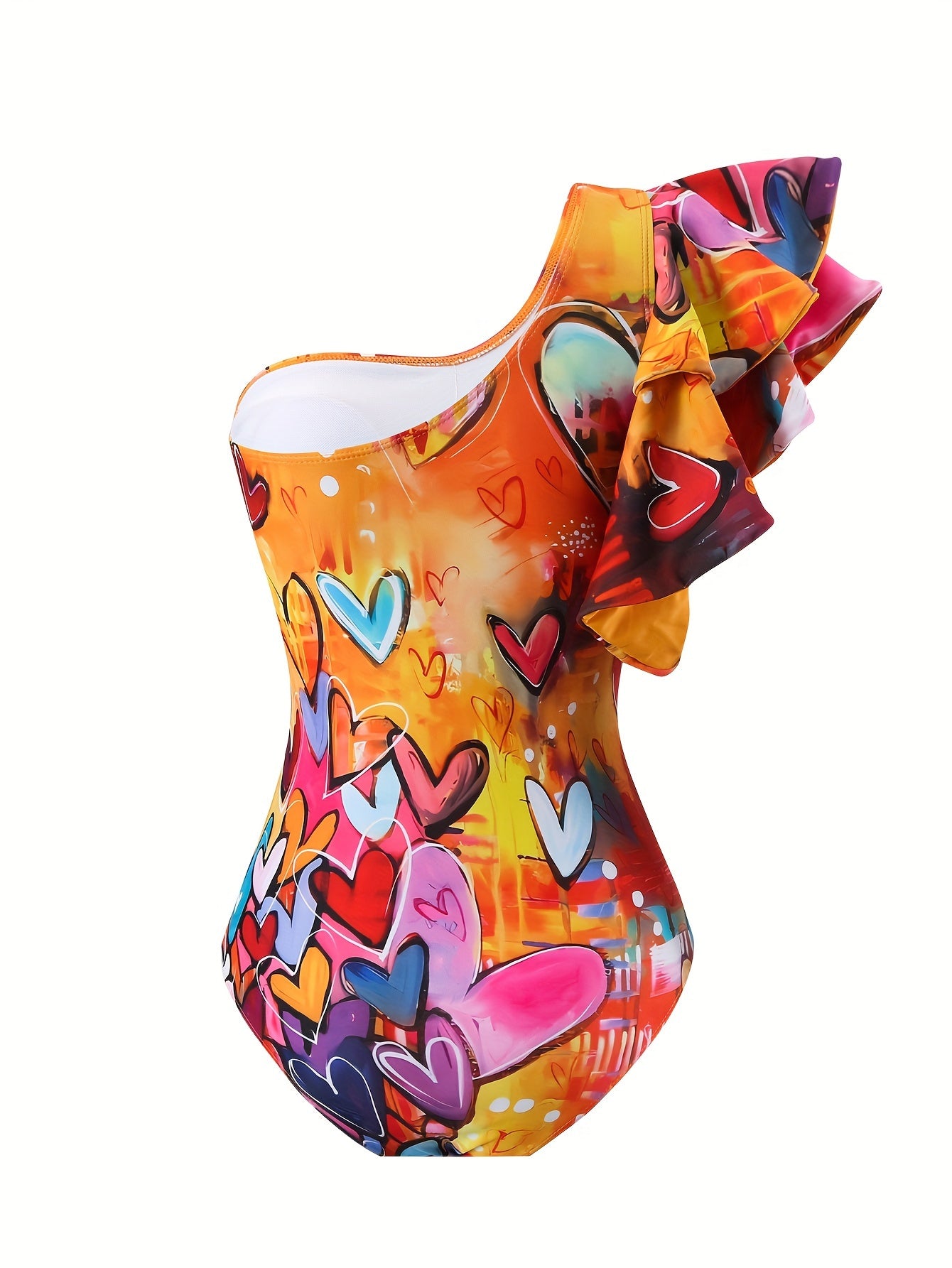 Women's Floral One-Shoulder Swimsuit Set with Blue Leaf Print High-Waisted Bottoms Ruffled Top Polyester Spandex