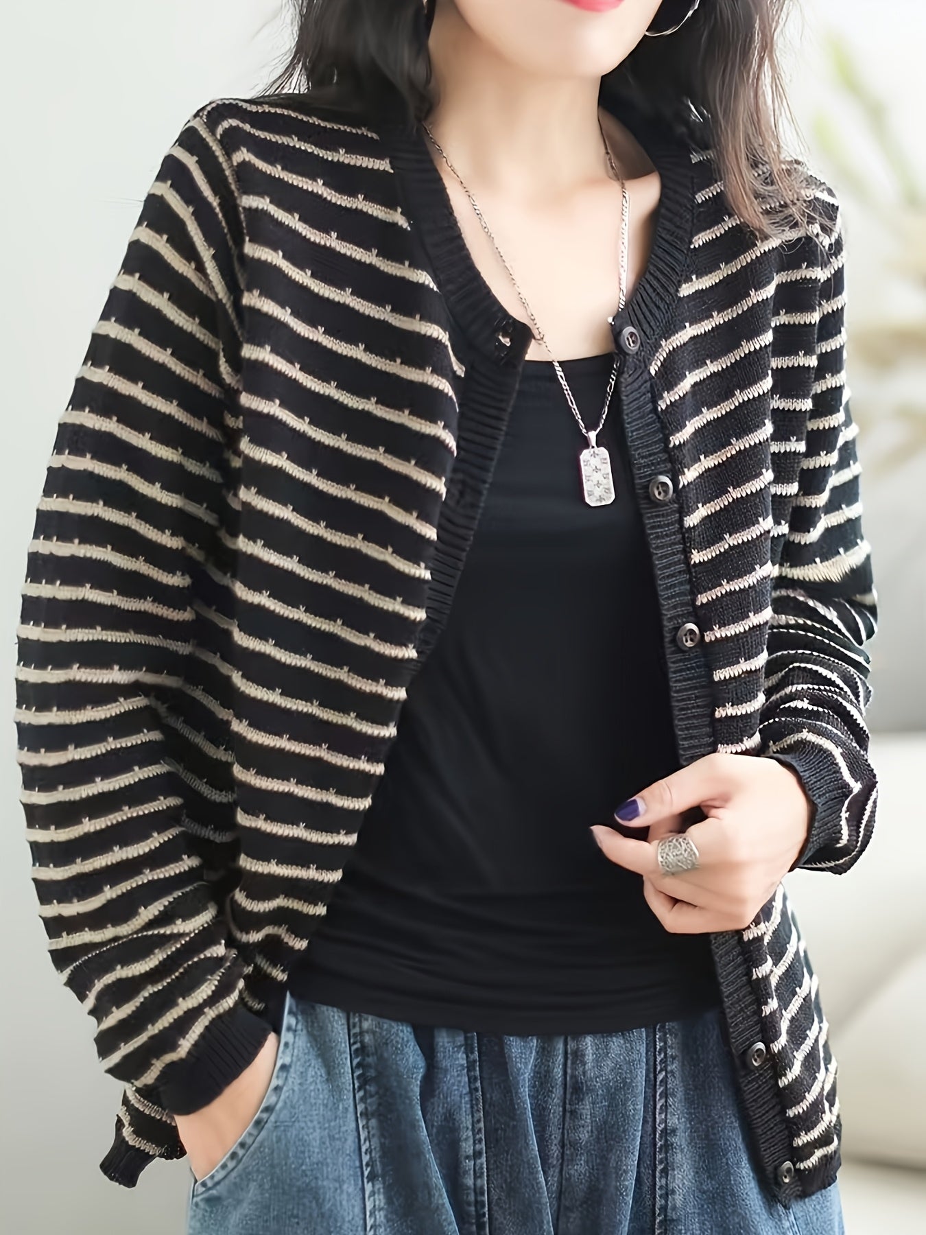 Women's Casual Striped Sweater Retro Cardigan Fall Spring Loose Outerwear