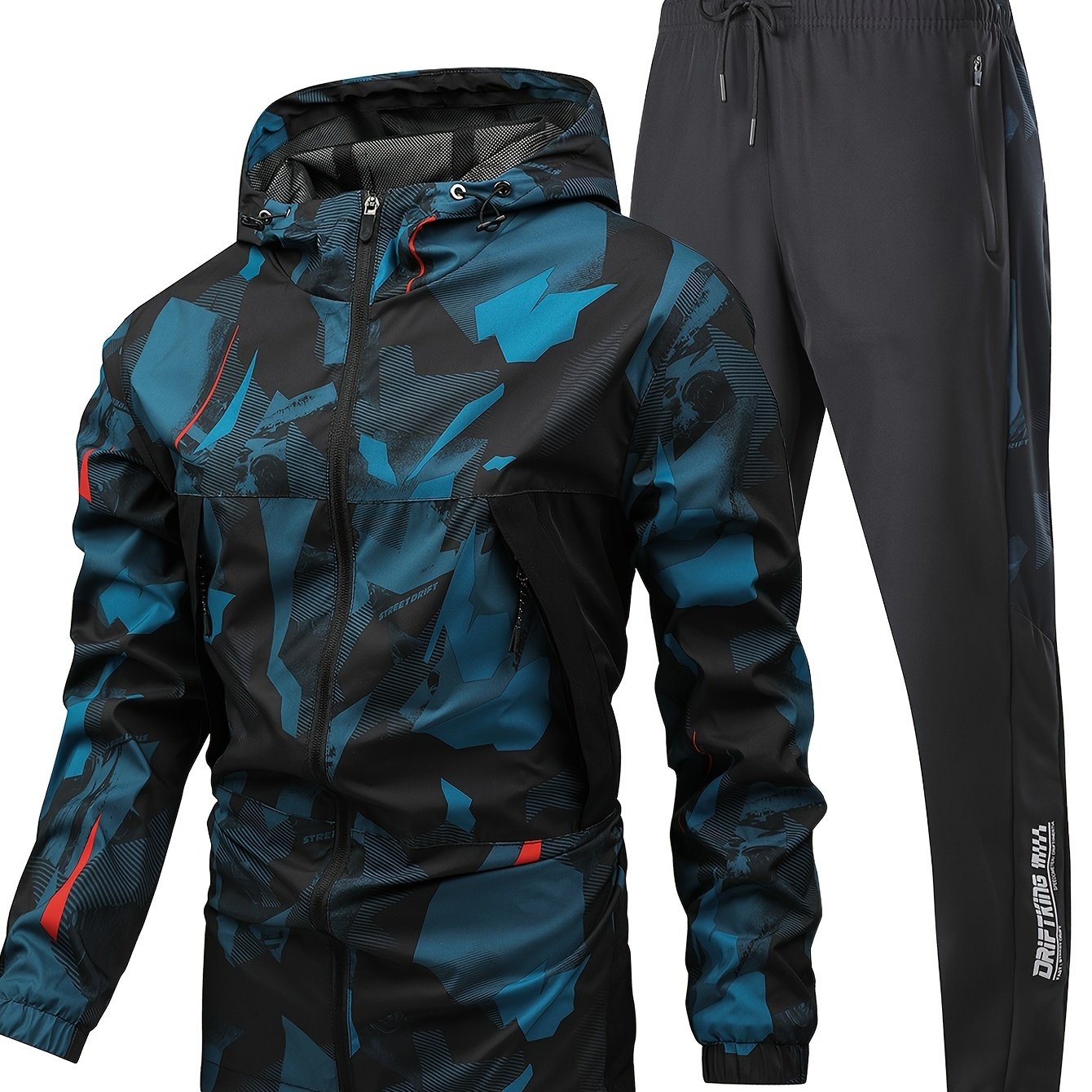 Men's Camo Windproof Athletic Set Hooded Jacket and Pants Quick-Dry Breathable Reflective Full-Zip Sportswear