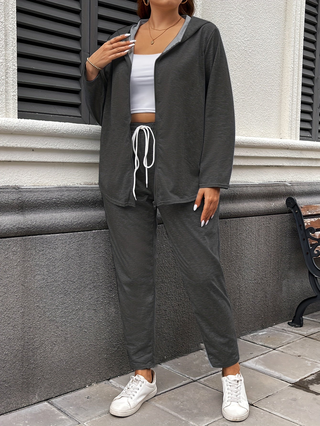 Women's Hooded Casual Suit Polyester Spandex Solid Color Zipper