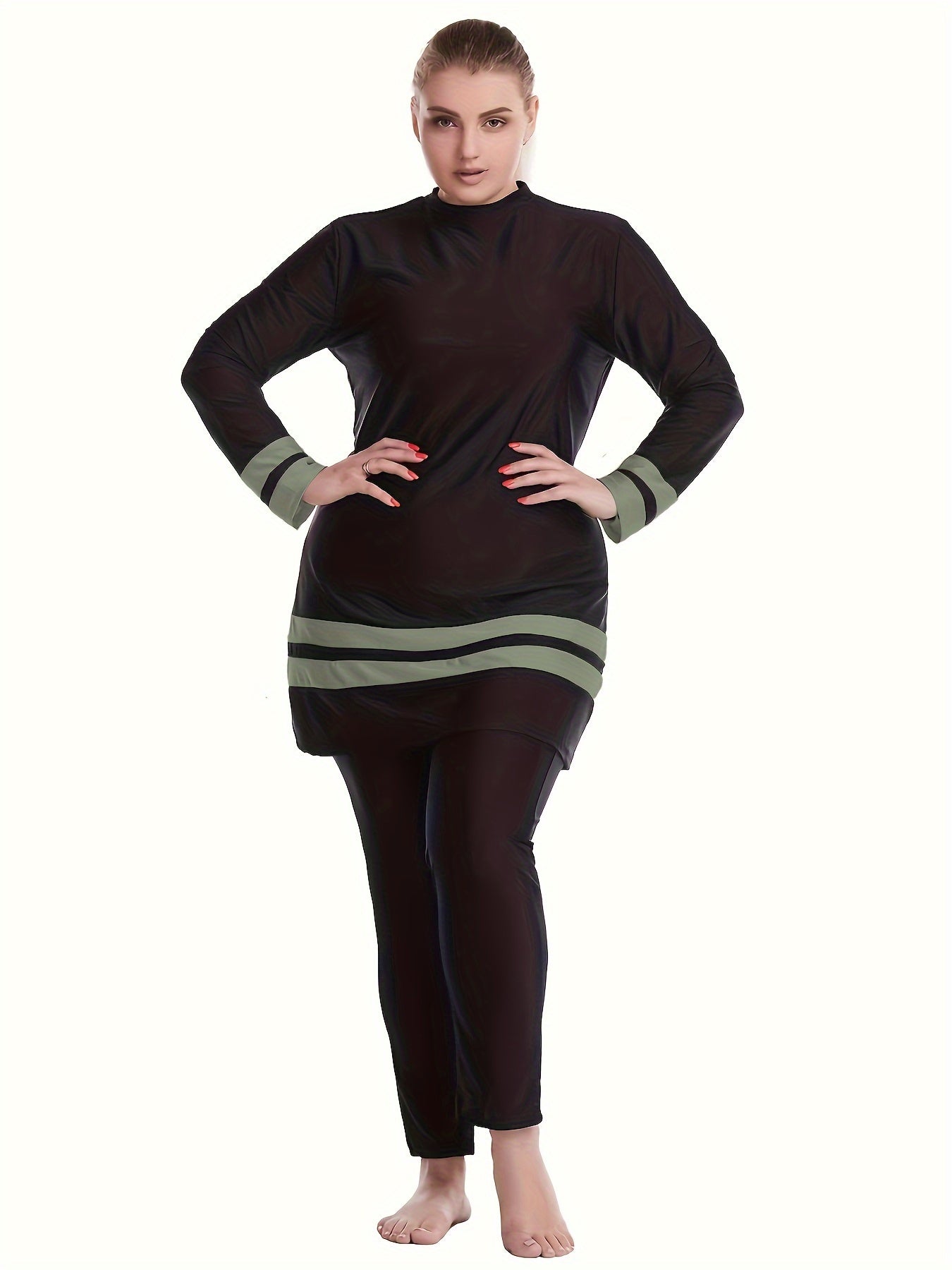 Скромный женский купальник с защитой от солнца, топ и штаны с длинным рукавом, полоски, полиэстер, эластан