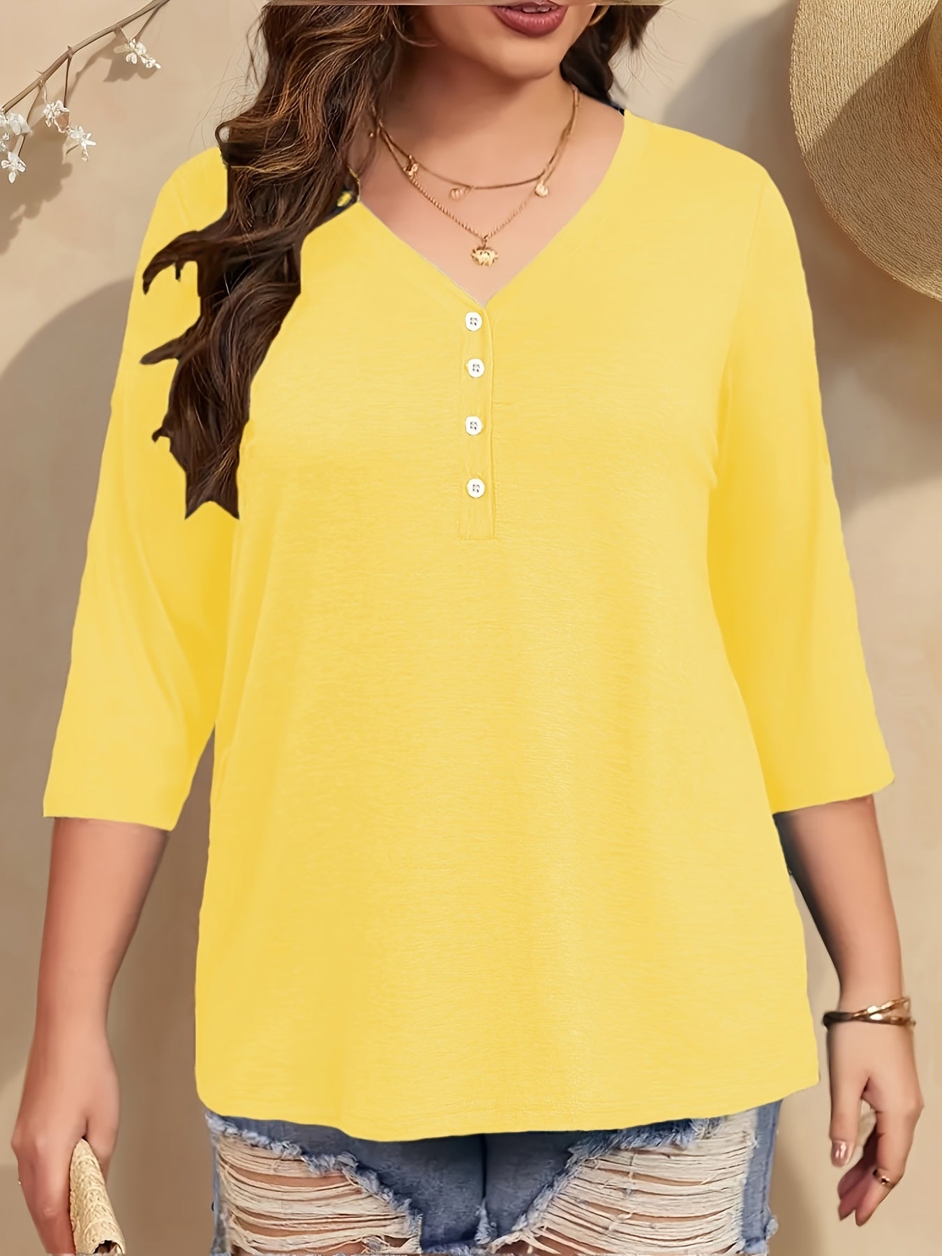 Women's V-Neck T-Shirt with Buttons Solid Color Polyester Spandex Pullover