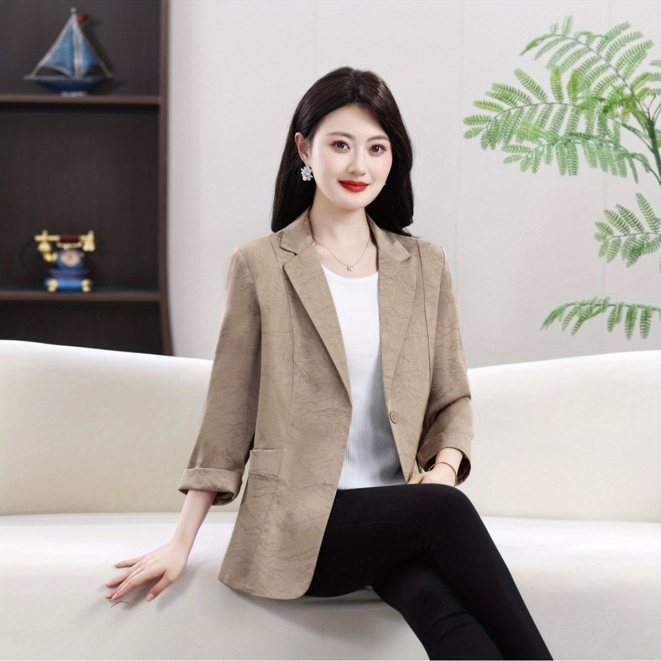 Plus Size Women's Blazer Three-Quarter Sleeve Elegant Slim Fit Caramel Khaki Coffee