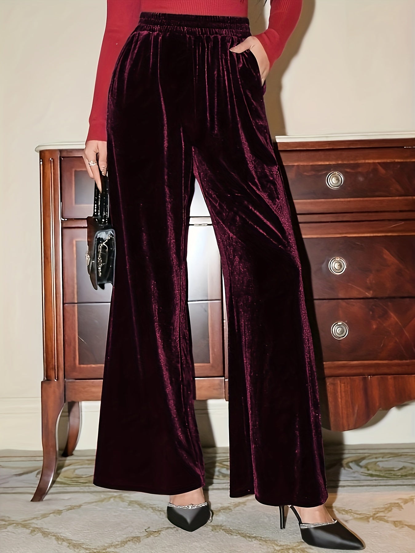 Pantalones de vestir de terciopelo de talla grande con cintura elástica y bolsillos ropa de mujer