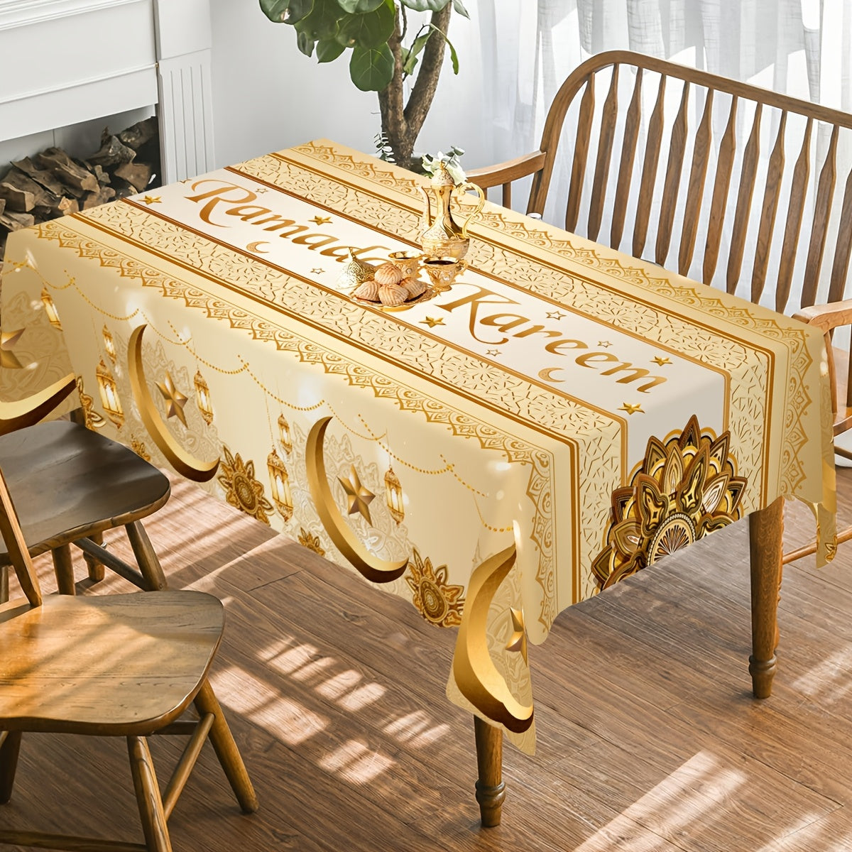 1 dona Oltin Polyester Ramazon Stol usti, Oydin chiroq va gullar dizayni bilan, Eid bayrami davomida uy oshxonasini bezash uchun mukammal.