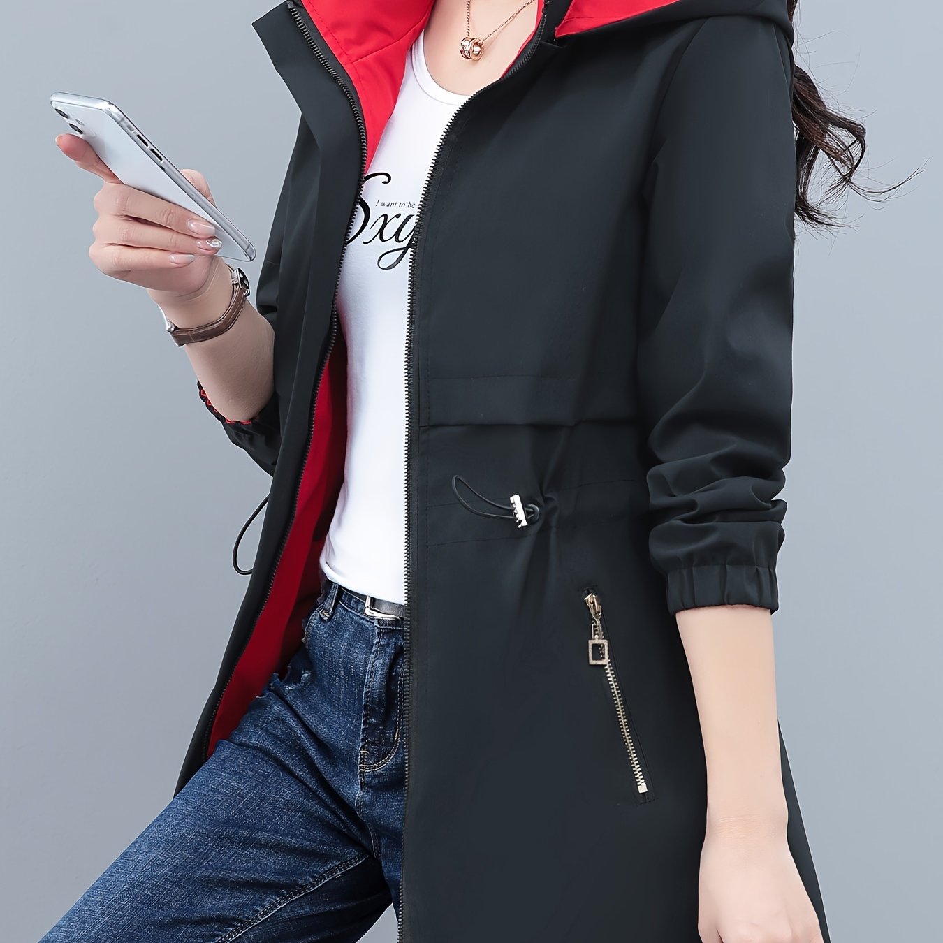 Women's Polyester Long Sleeve Hooded Windbreaker Jacket with Drawstring Waist for Spring and Fall