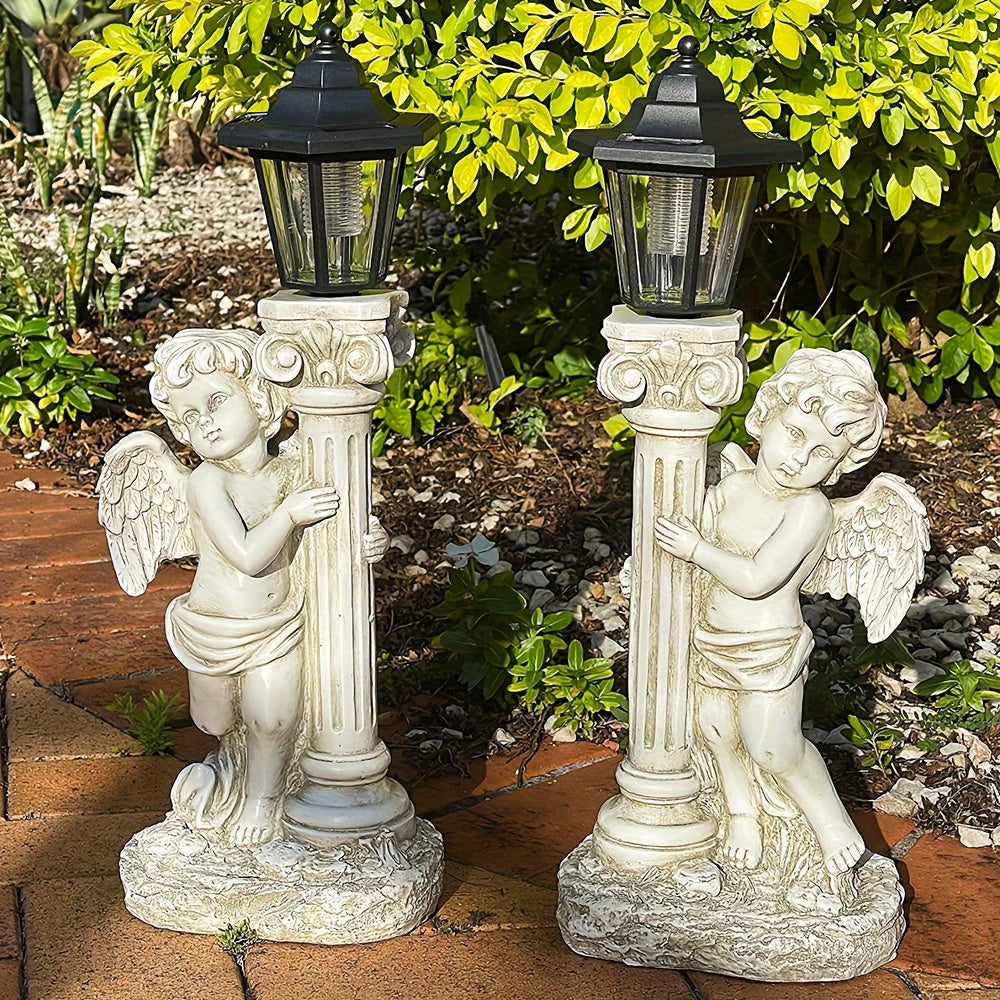 Outdoor Solar Angel Statue with Roman Column Design Garden Decor Street Lamp