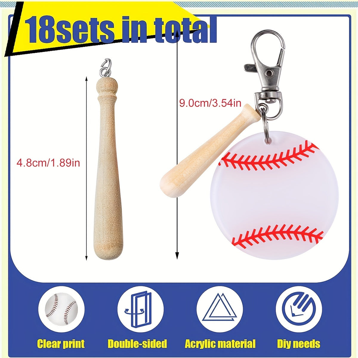 18 ta beysbol va softbol akril kalit zanjirlar to'plami, DIY sport partiyasi sovg'alari uchun miniatur yog'och bat bilan
