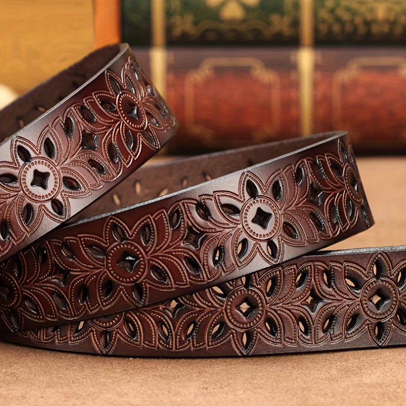 Women's Leather Belt with Hollow Buckle and Needle Detail Stylish Accessory
