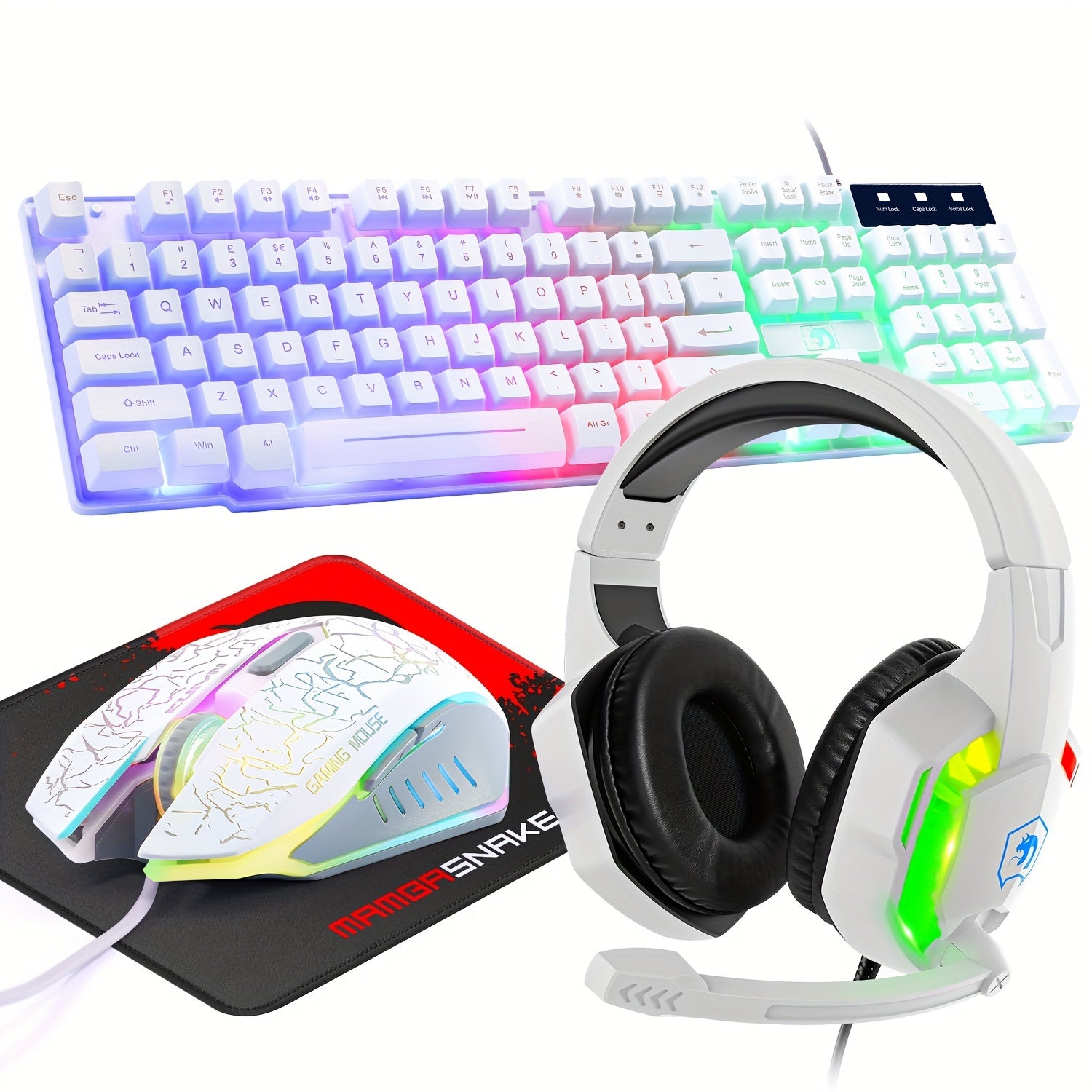 Wired Gaming Keyboard and Mouse Set with Rainbow LED Backlit Headset and Mouse Pad for PC, Mac, PS4, Xbox