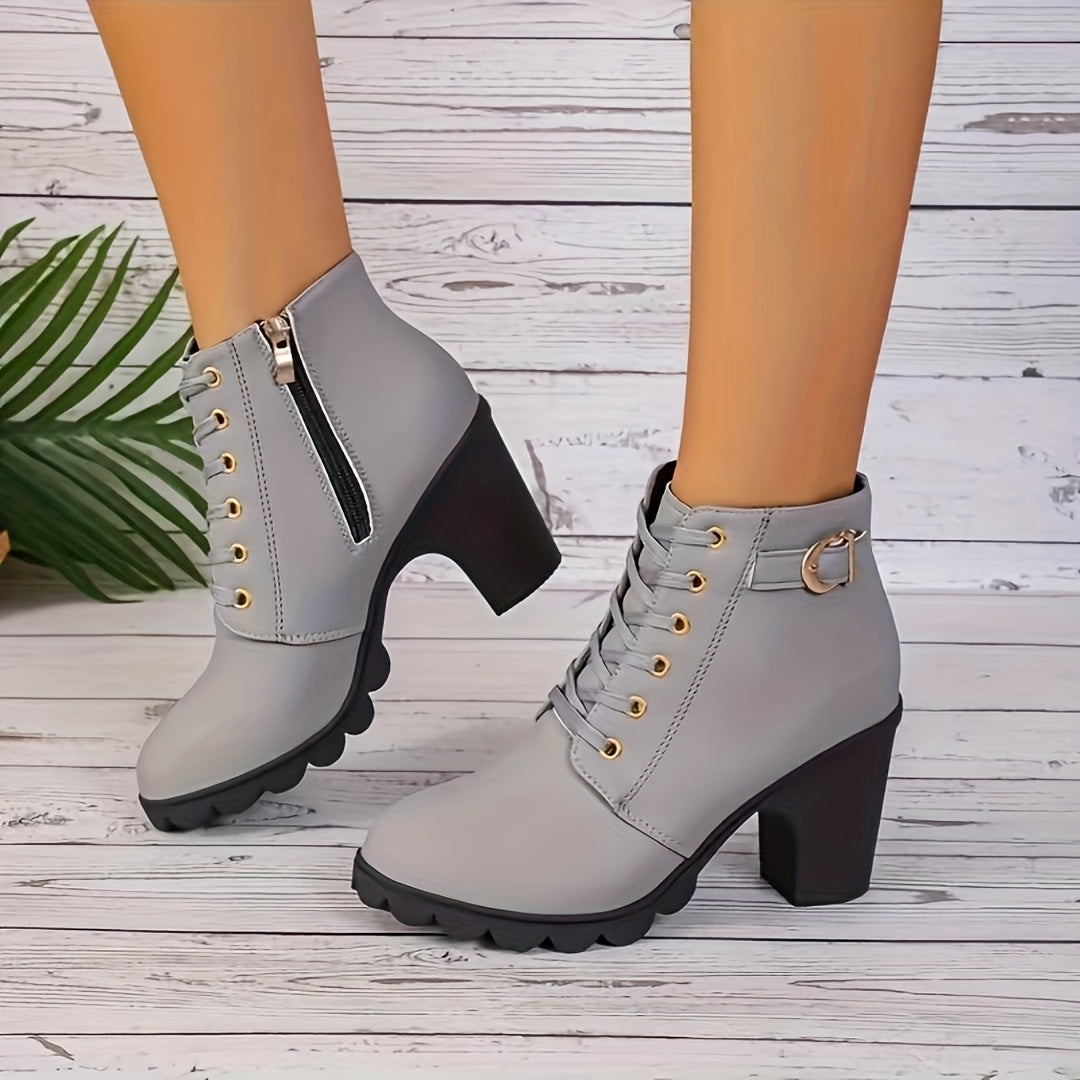 Women's Ankle Boots Zipper Lace-Up High Heel Square Toe All-Season