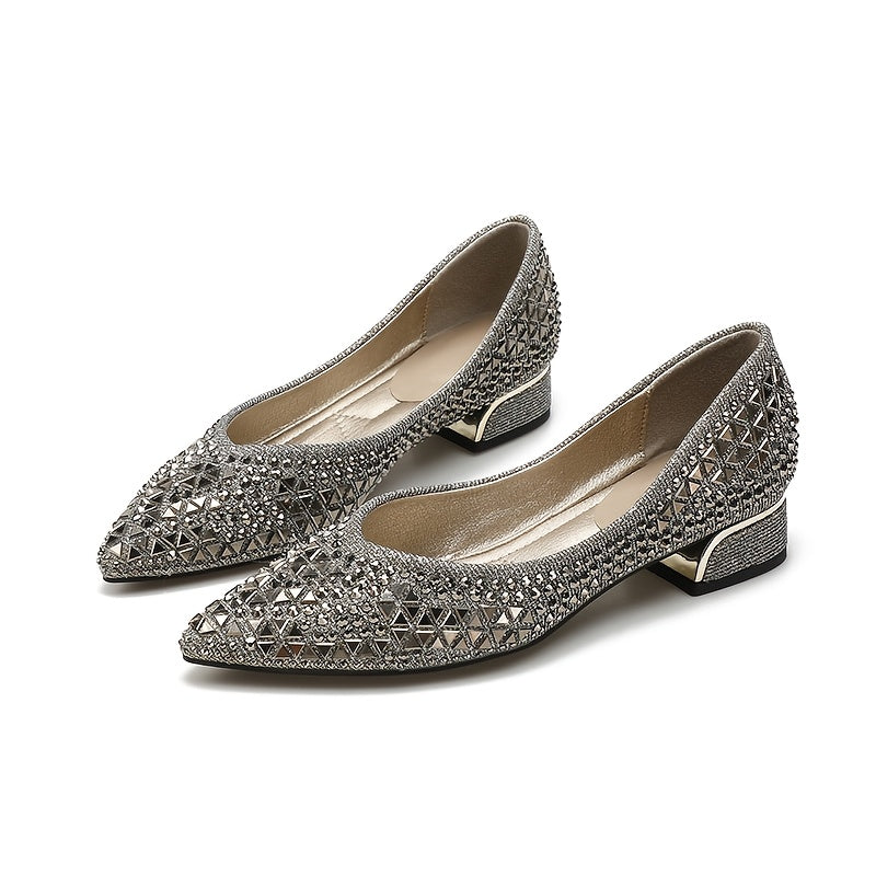 Women's French Pointed Toe Chunky Heel Pumps Open-Toe Rhinestone Flats