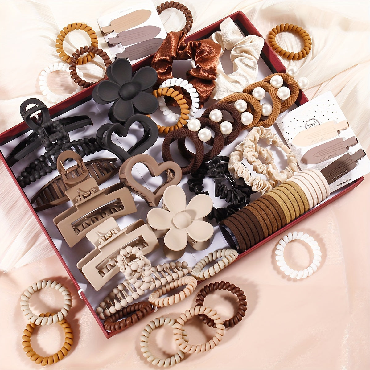38-Piece Coffee Colored Hair Accessories Set for Women with Love Heart Designs and Frosted Finish