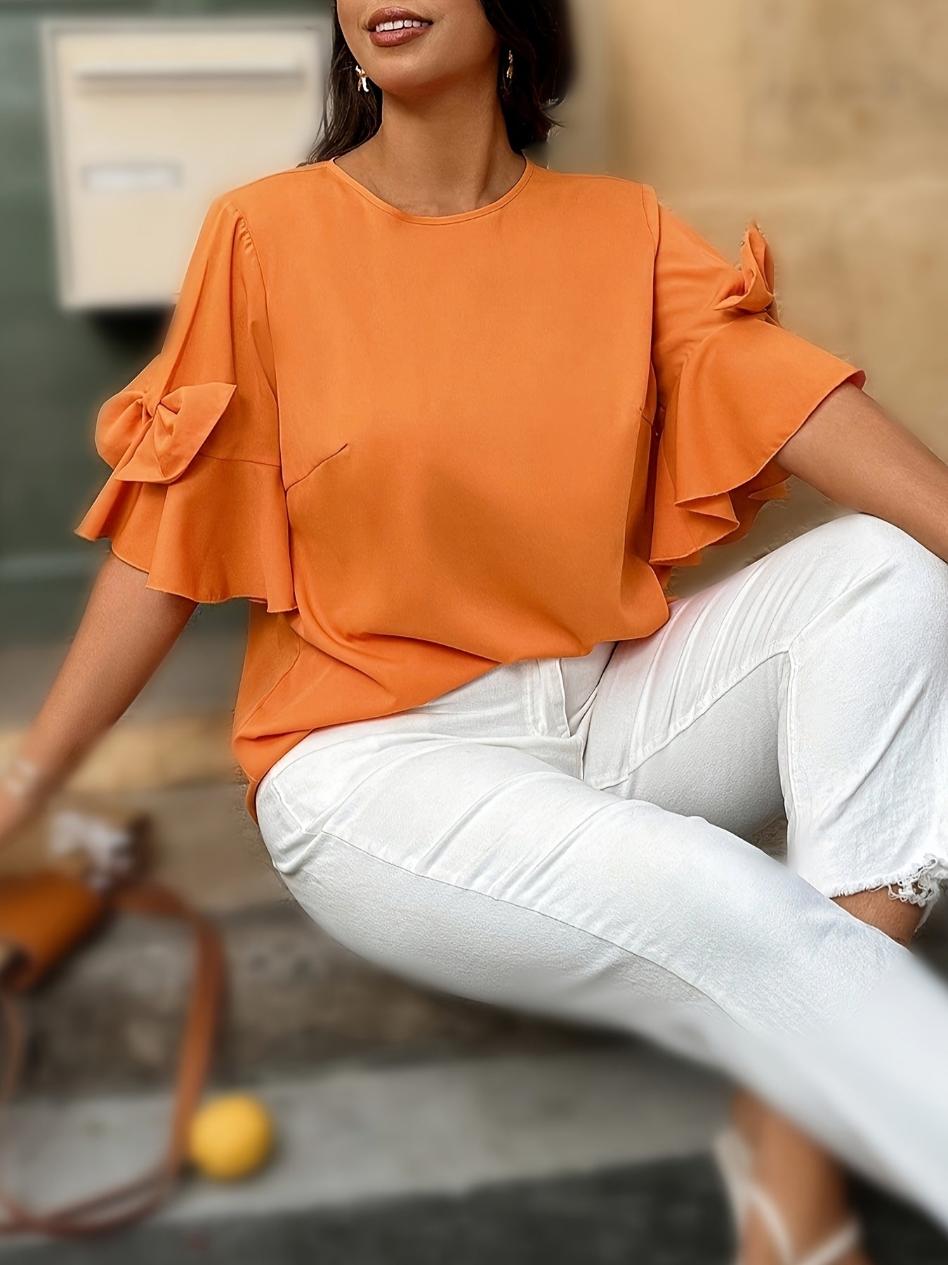 Женская блузка оранжевого цвета с рюшами на рукавах, повседневная летняя топ-майка