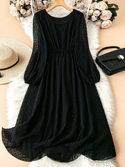 Plus Size Solid Swiss Dot Cinched Waist Dress for Spring Fall Long Sleeve Crew Neck