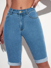 Women's Light Blue High-Waist Denim Shorts with Rolled Hem