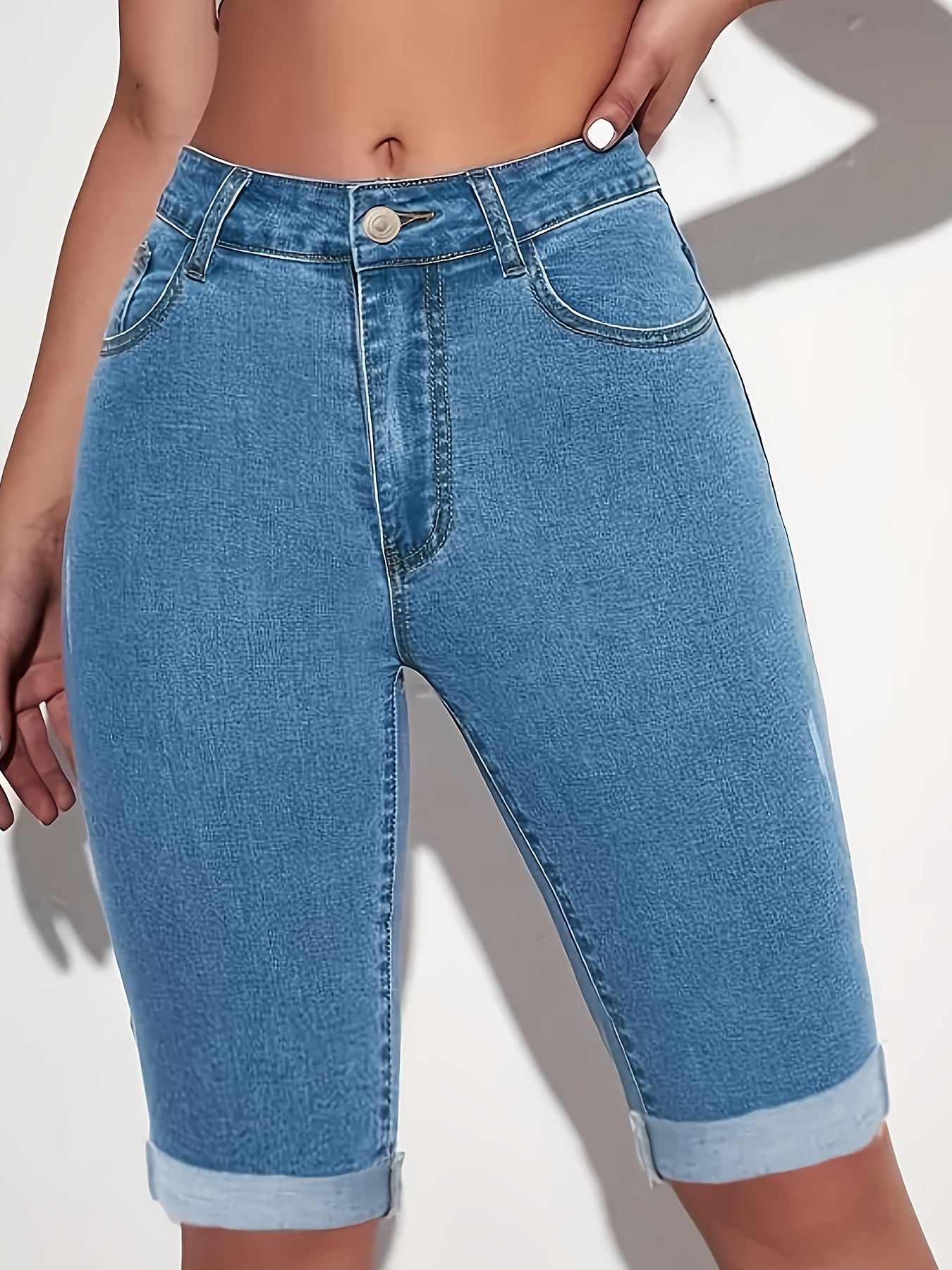 Women's Light Blue High-Waist Denim Shorts with Rolled Hem