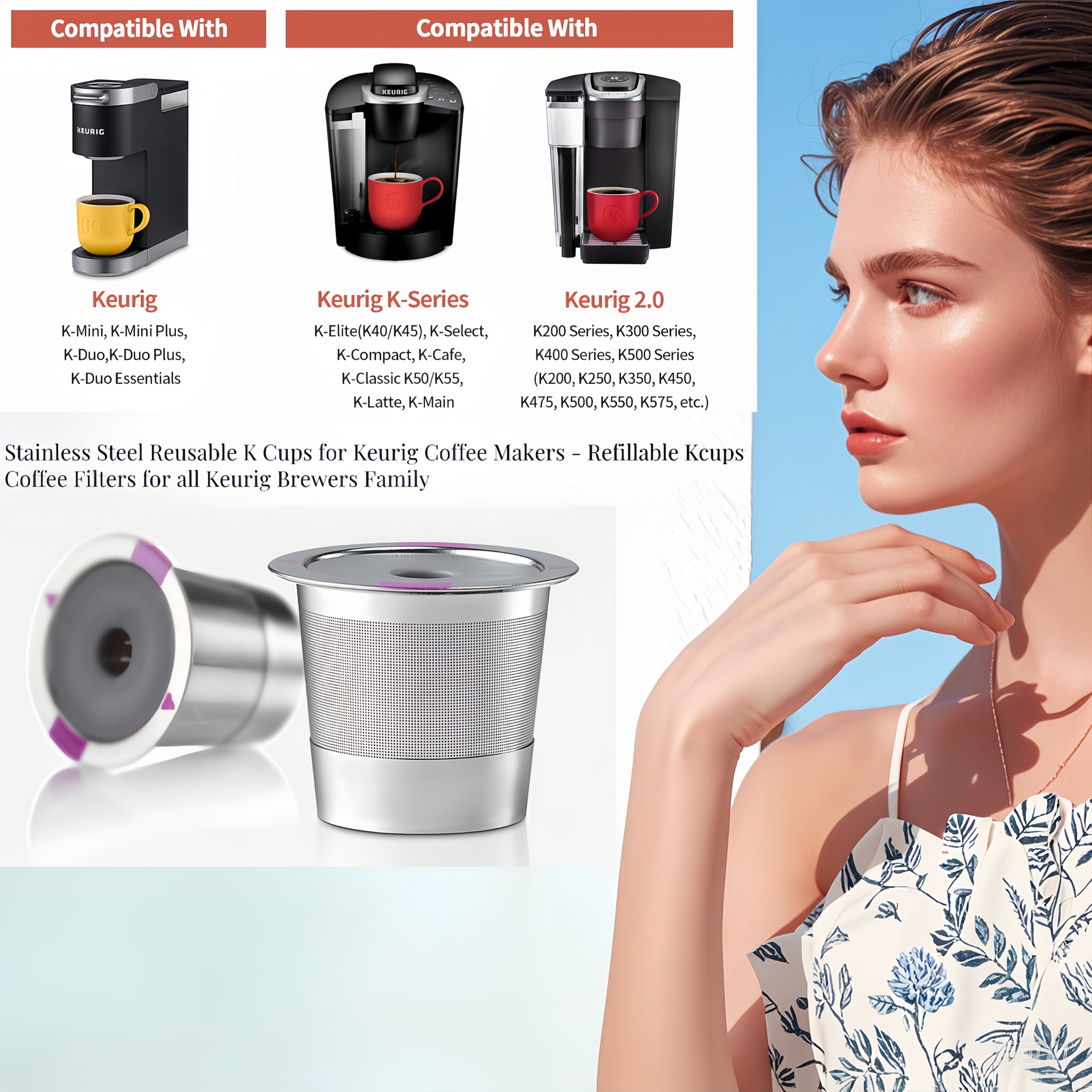 Keurig uchun Gasket bilan 1/2 Paket Qayta ishlatiladigan Stainless Steel Qahva Filtri