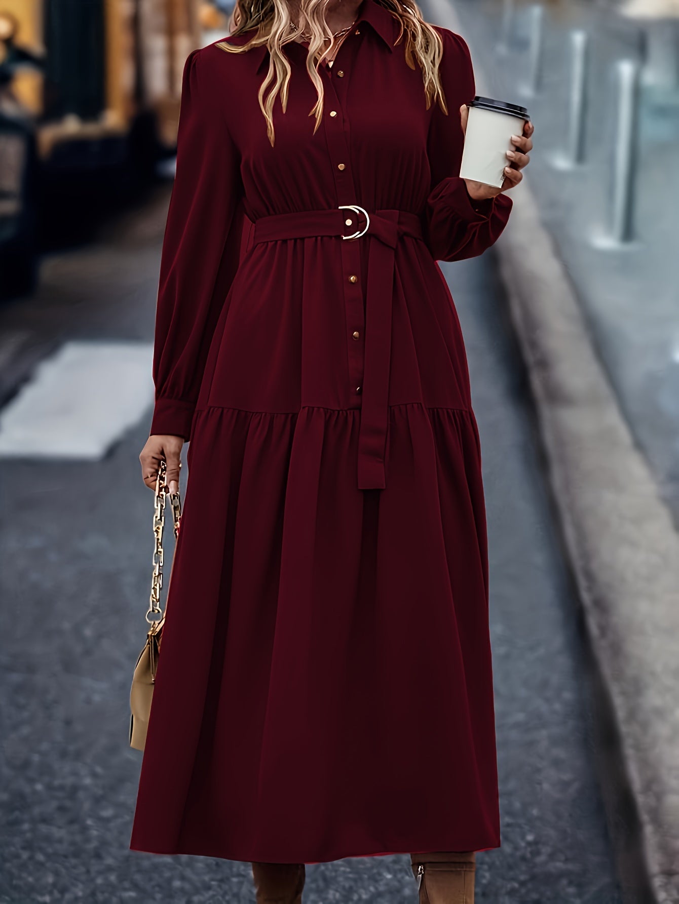 Women's Middle Eastern Style Polyester Shirt Dress with Lantern Sleeves and Ruffled Hem for Spring Fall