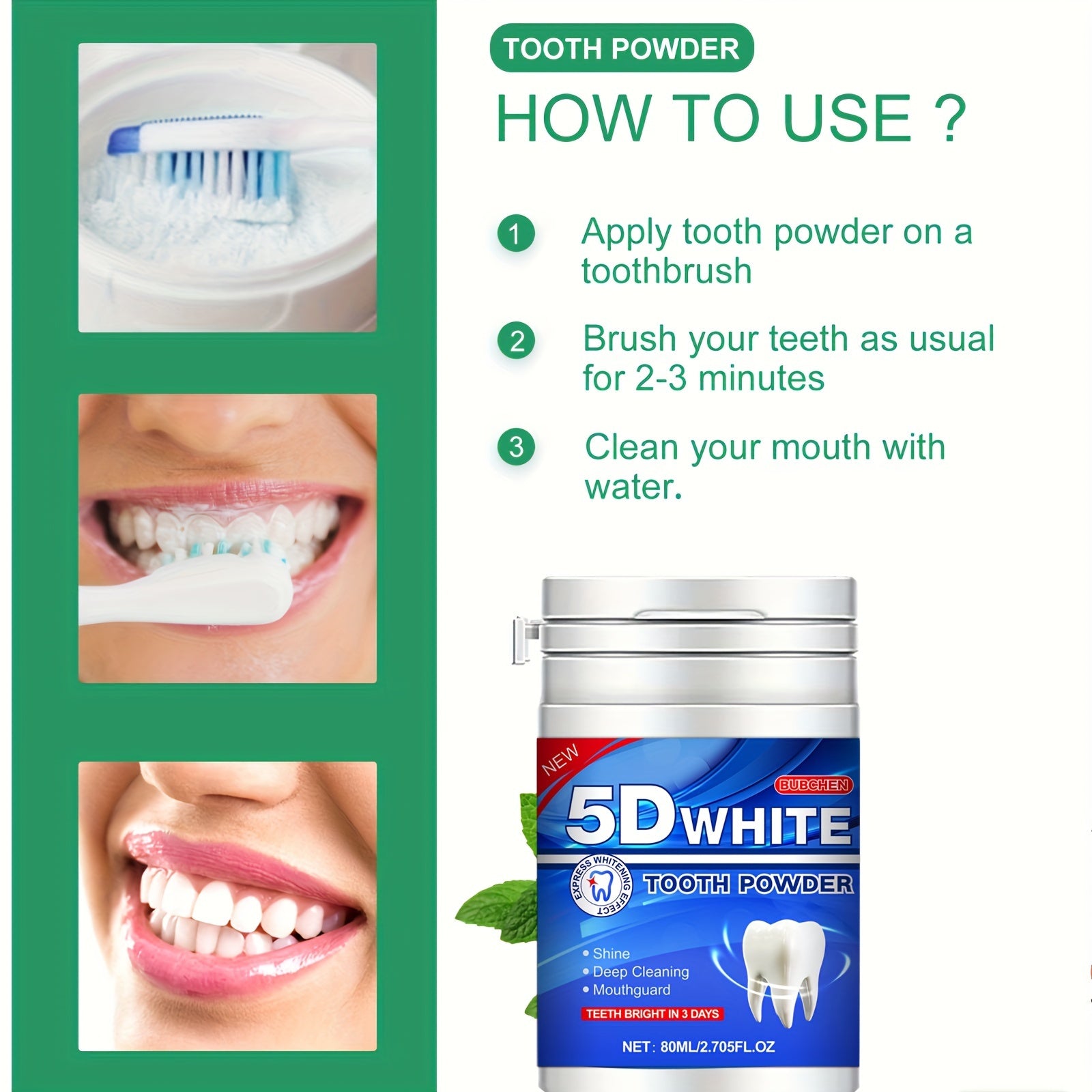 Bubchen 5D Oq Tish Kukuni, 80ML Shisha - Yorqin tabassum uchun tabiiy marvarid essensiyasi bilan chuqur tozalash. Mentol ta'mi, 6 haftalik ta'minot.