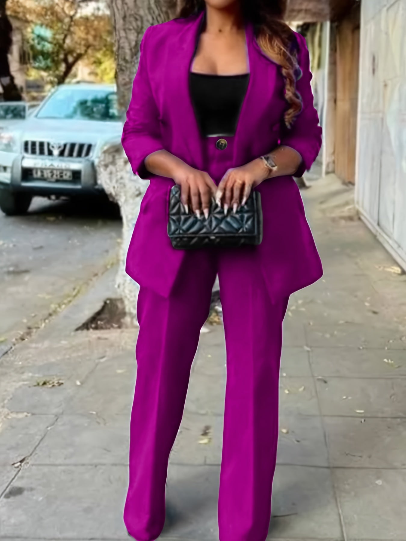 Conjunto de traje de blazer de poliéster sólido para mujer con doble botonadura y pantalones de pierna recta