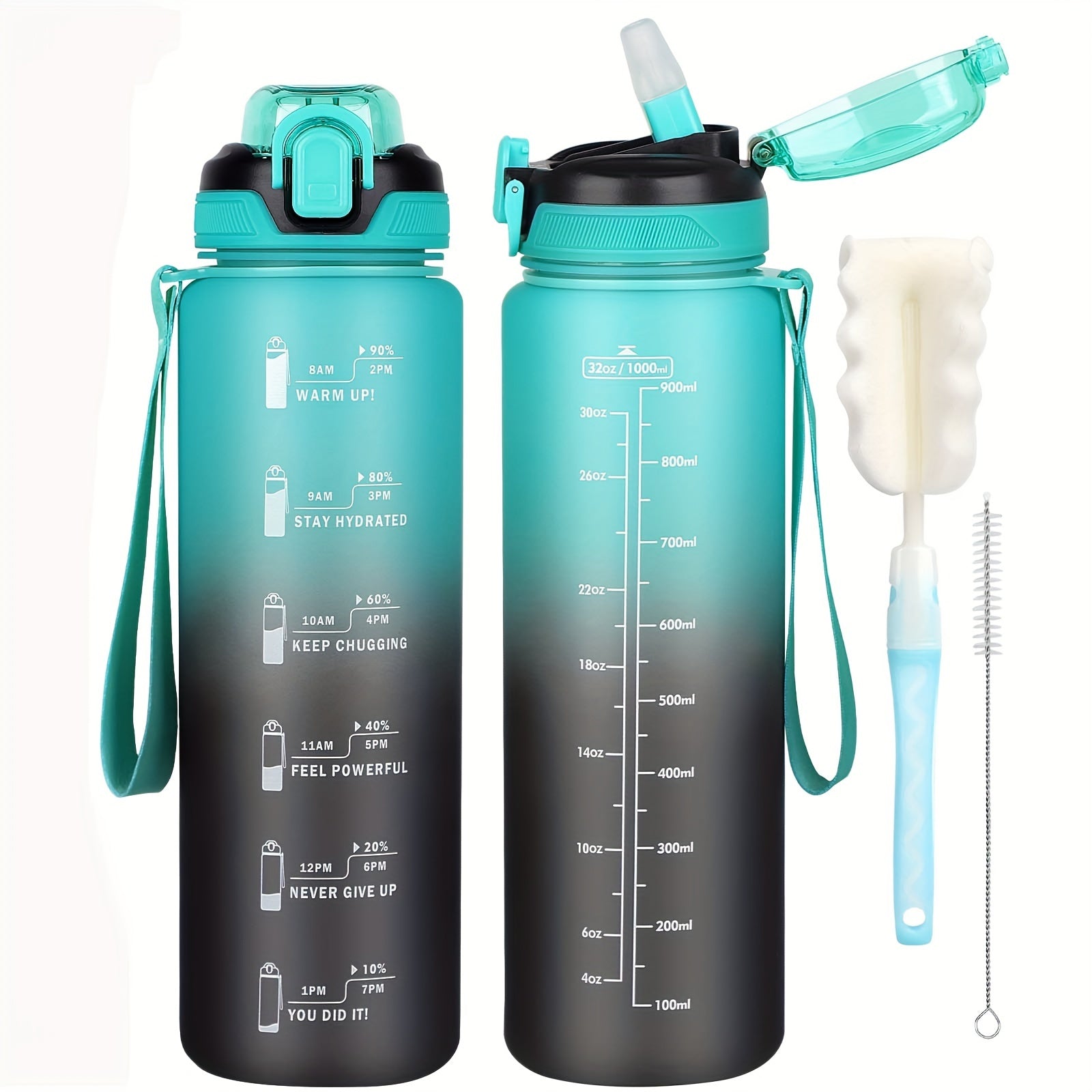 1L BPA-Free Sports Water Bottle with Straw and Time Marker