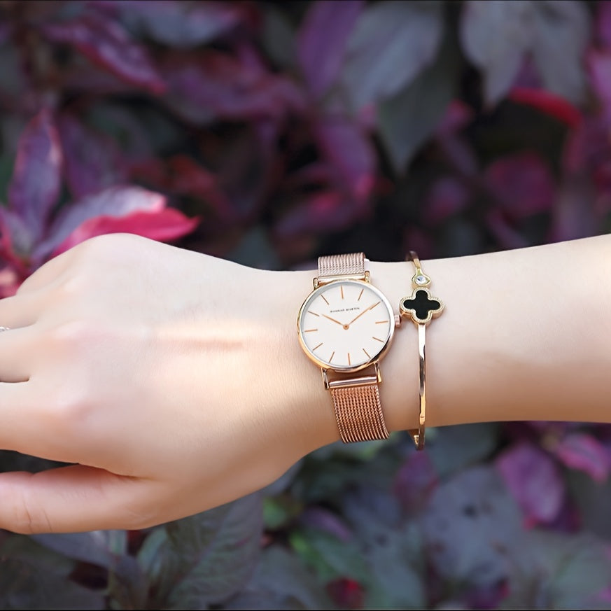 Women's Quartz Watch Stainless Steel Mesh Band Zinc Alloy Case Light Luxury Simple Fashion Wrist Watch