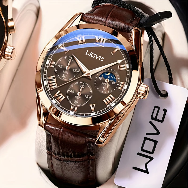 Men's Quartz Watch Business Style Round Alloy Case PU Leather Strap Non-Rechargeable Battery
