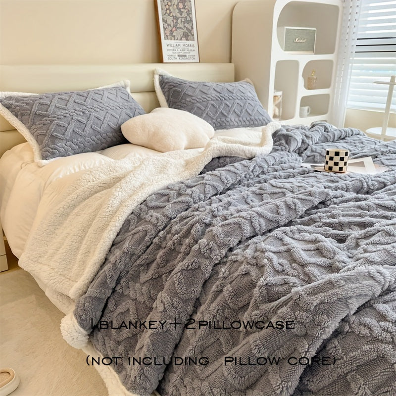 Multi-Piece Plush Bed Blanket Set with Pillowcases Double-Sided Sheepskin Warm Cozy