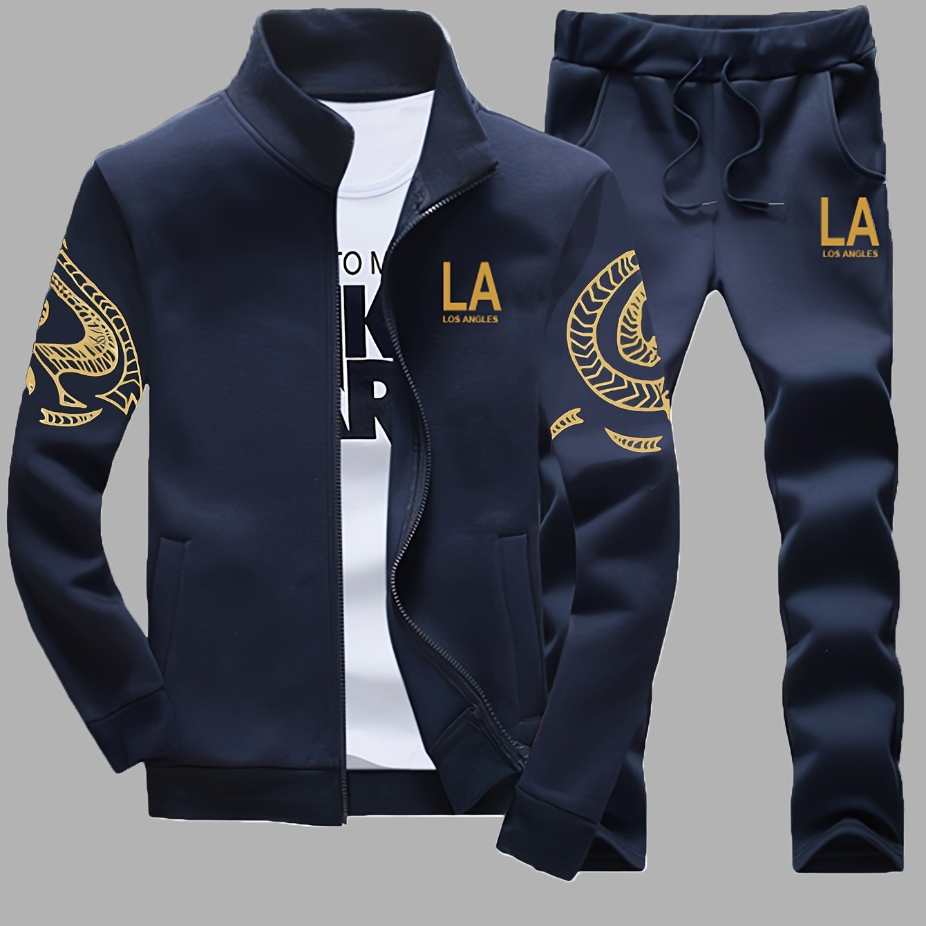 Men's Polyester Striped Zip-Up Jacket and Joggers Set for Spring Fall Sportswear