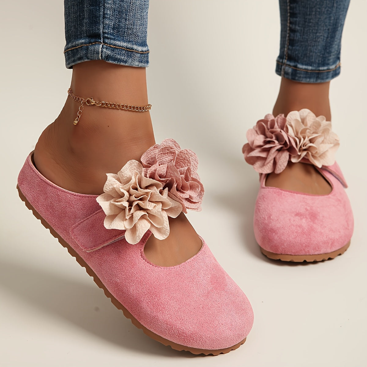 Women's Vintage Yellow Fabric Mule Shoes with Pink Floral Accents