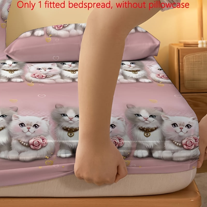 Printed Fleece Bed Sheet Set with Cute Cat Design for Couples