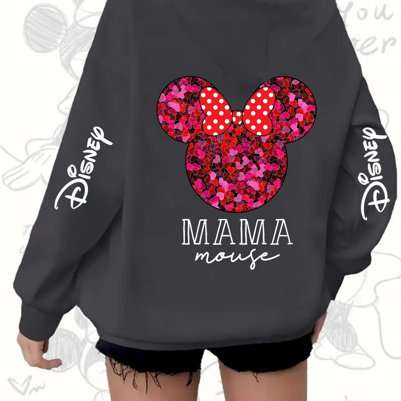 Plus Size Women's Hoodie Zip-Up Pink Red Glitter Minnie Mouse Casual Wear