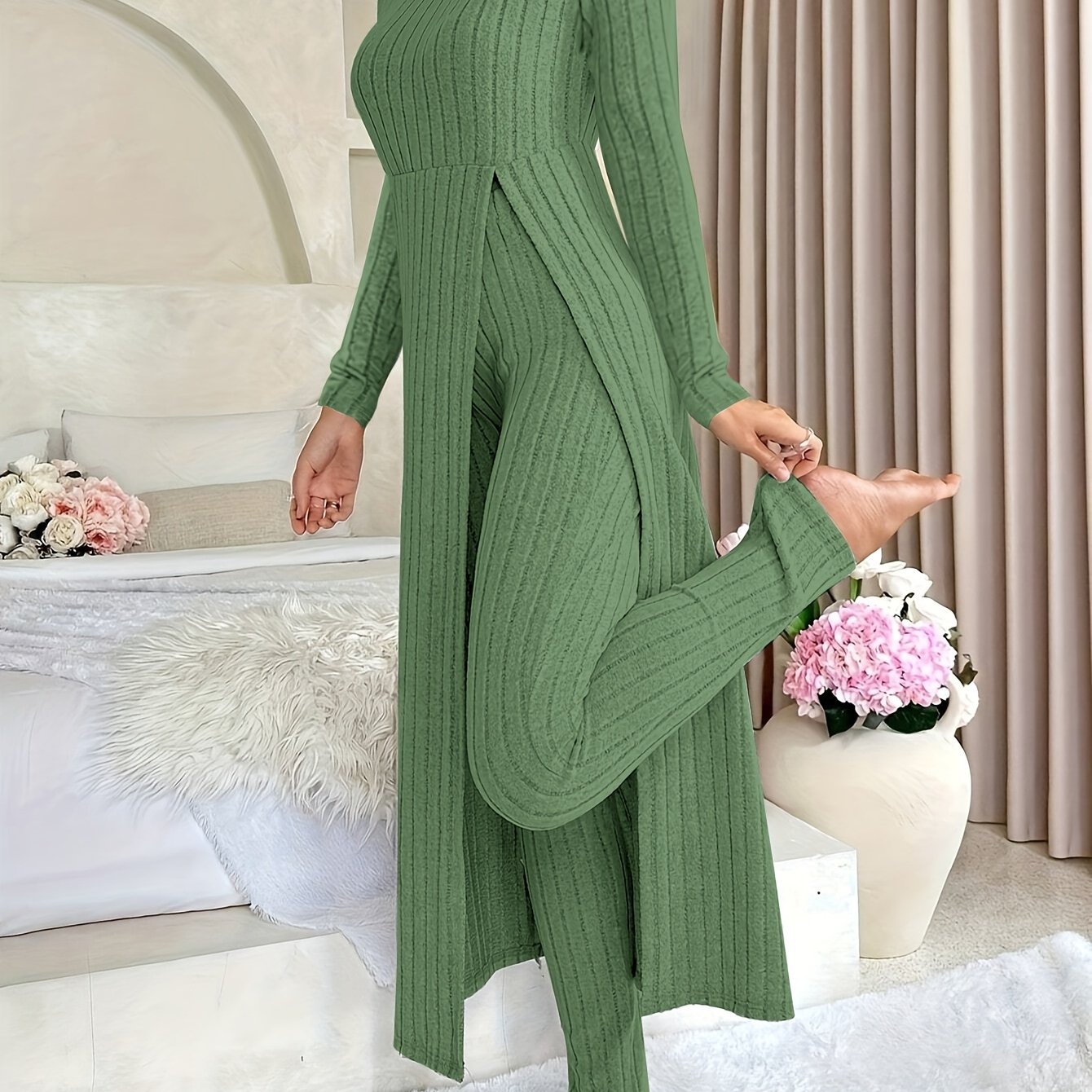 Women's Ribbed Long-Sleeved Top and Pants Set Polyester Solid Casual All-Season