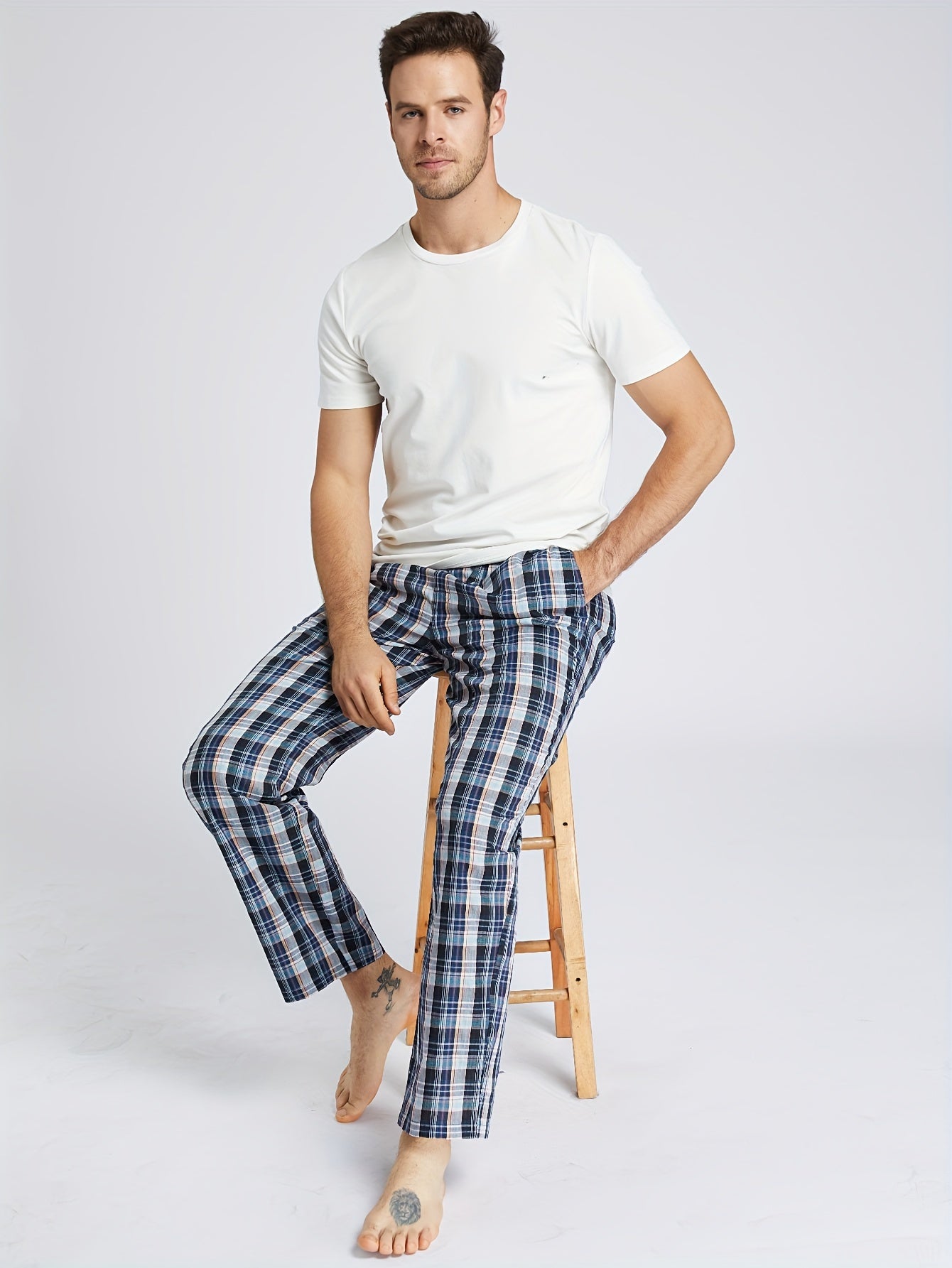 Men's Cotton Plaid Lounge Pants with Pockets Casual Sleepwear Skinny Fit