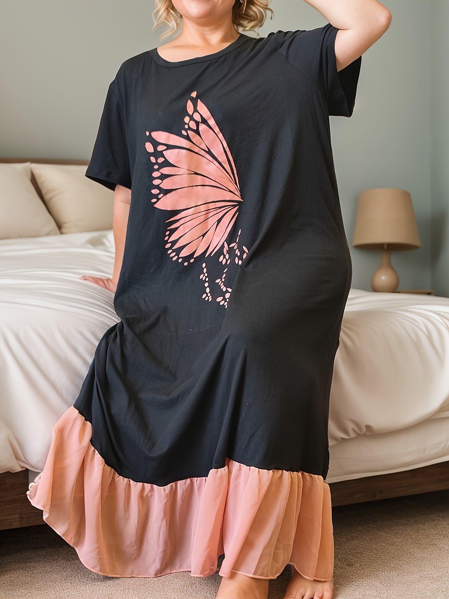 Plus Size Women's Sleep Dress Vintage Butterfly Print Short Sleeve Lounge Robe