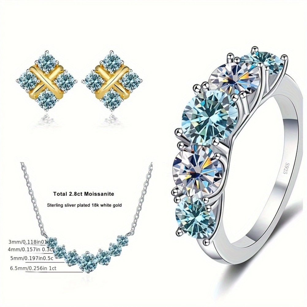Sterling Silver 4-Piece Jewelry Set with Moissanite Necklace Earrings Ring Gift for Holidays