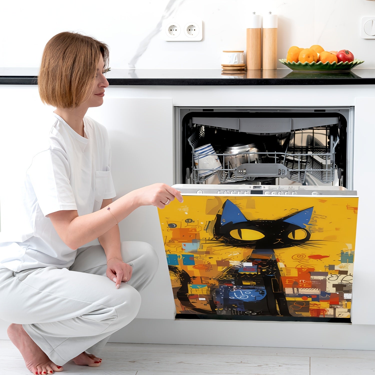 Set of 4 Black Cartoon Cat Magnetic Dishwasher Door Stickers for Easy Cleaning