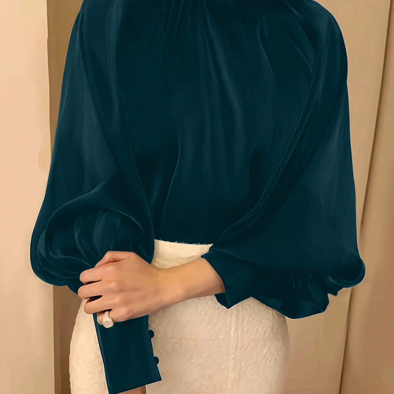 Solid Color High Neck Blouse with Tie Back for Women Elegant Woven Polyester