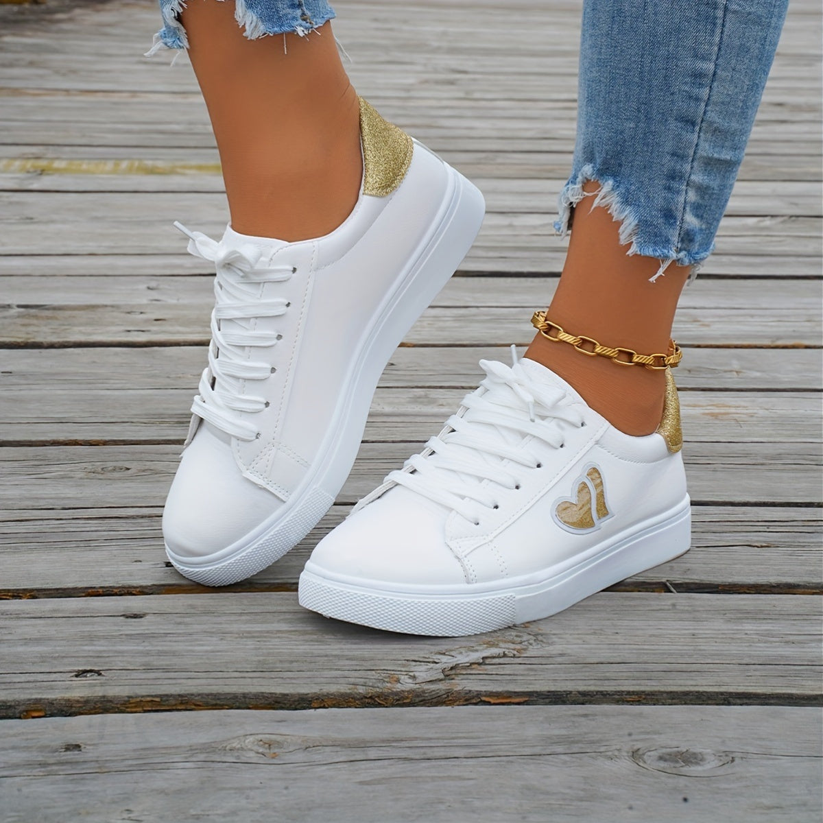 Women's White Heart Accent Fashion Sneakers with Lace-up and Rubber Sole