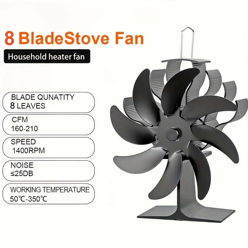 Aluminum 8-Blade Stove Fan for Wood Burning Fireplaces Silent Heat Powered Air Circulation