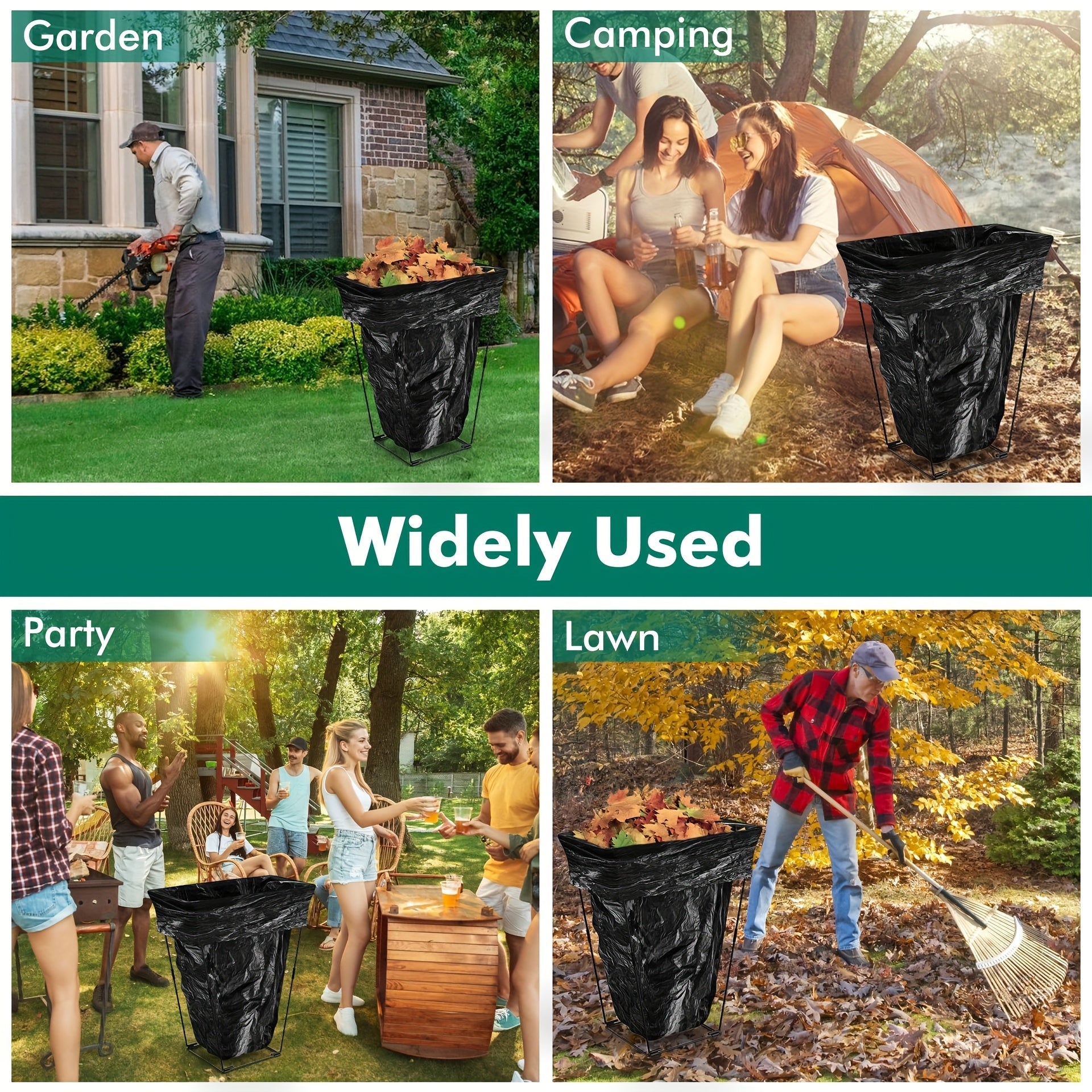 Mustahkam Metall Bog‘ Trash Bag Rack, 113.56-170.34 L tutadi - Barg to‘plash va Ochiq havoda faoliyatlar uchun ideal. Kamping, Piknik, O‘rim va boshqa ishlar uchun qulay kirish. Axlat sumkalarini qo‘llab-quvvatlaydi, ko‘p funksiyali dizayn.
