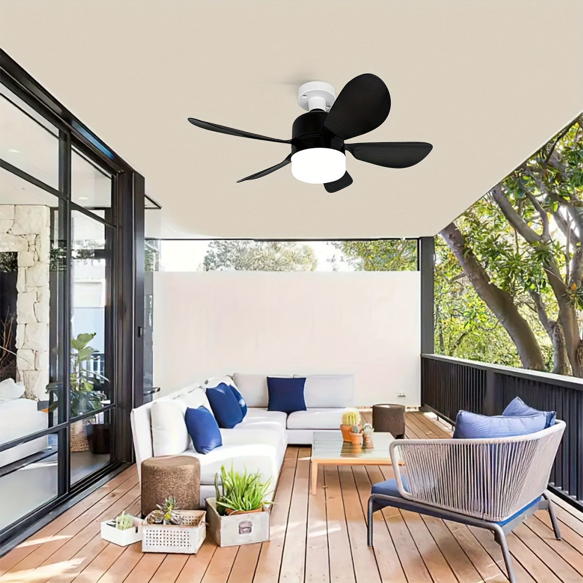 Black LED Ceiling Fan Light with 5 Blades, E26/E27 Socket, Adjustable Speed