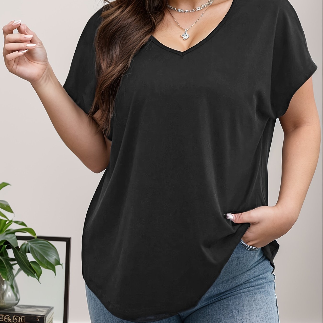 Women Plus Size Solid V-Neck Short Sleeve T-Shirt Casual Clothing