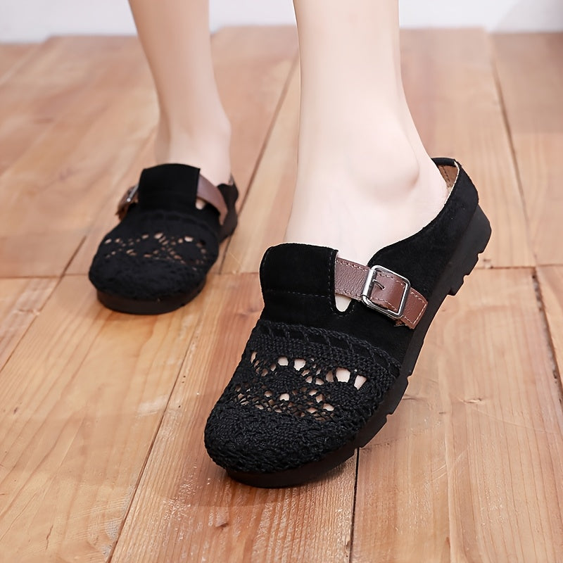 Women Lace Mules with Belt Buckle Breathable Summer Floral Slide Sandals