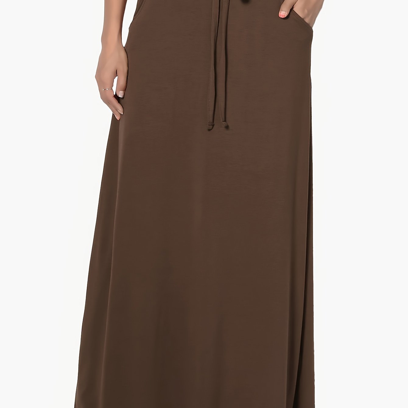 Women's Maxi Skirt Green Solid Color Elastic Waist Pockets Polyester