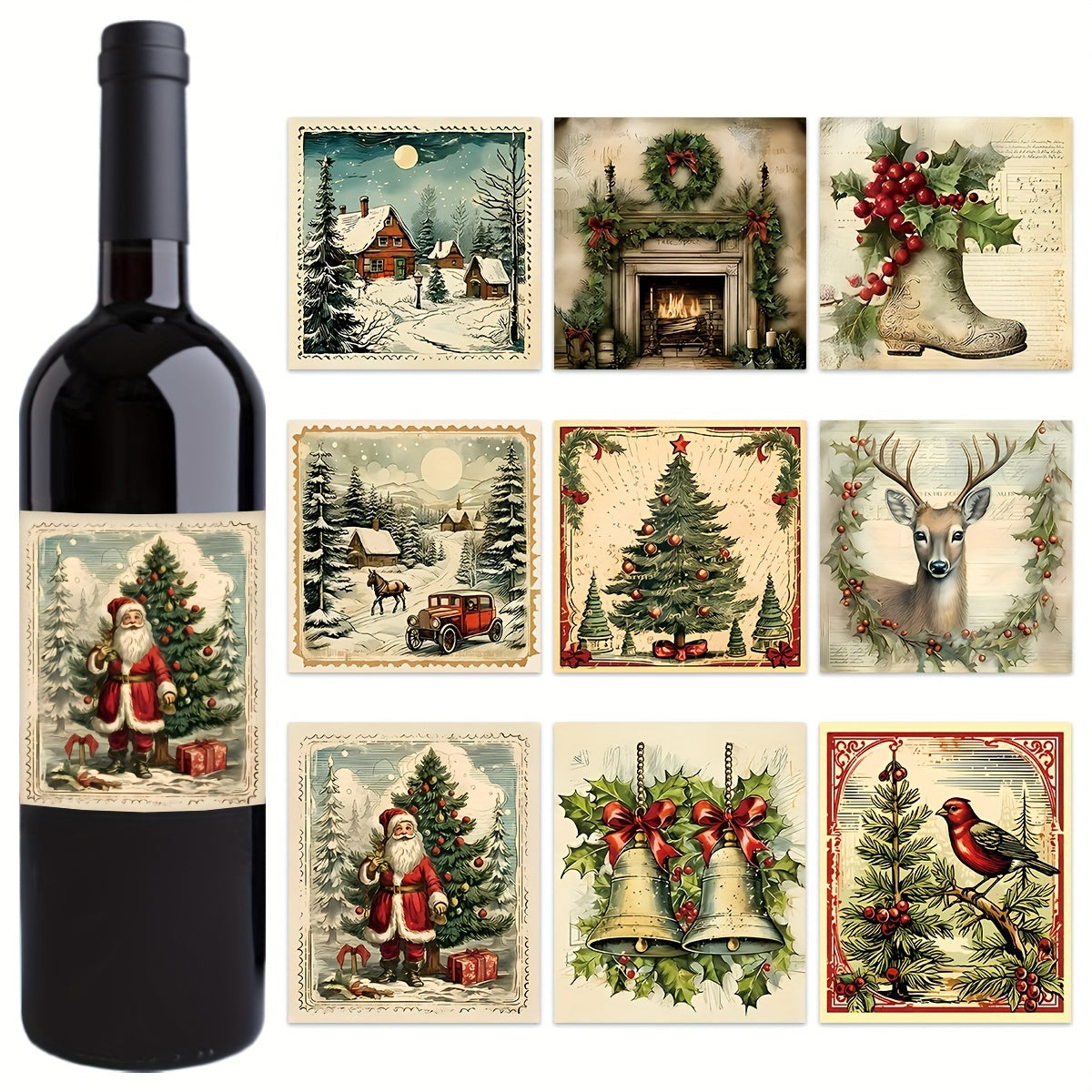 Set of 9 Funny Christmas Wine Bottle Labels with Vintage Santa Elk and Bell Designs