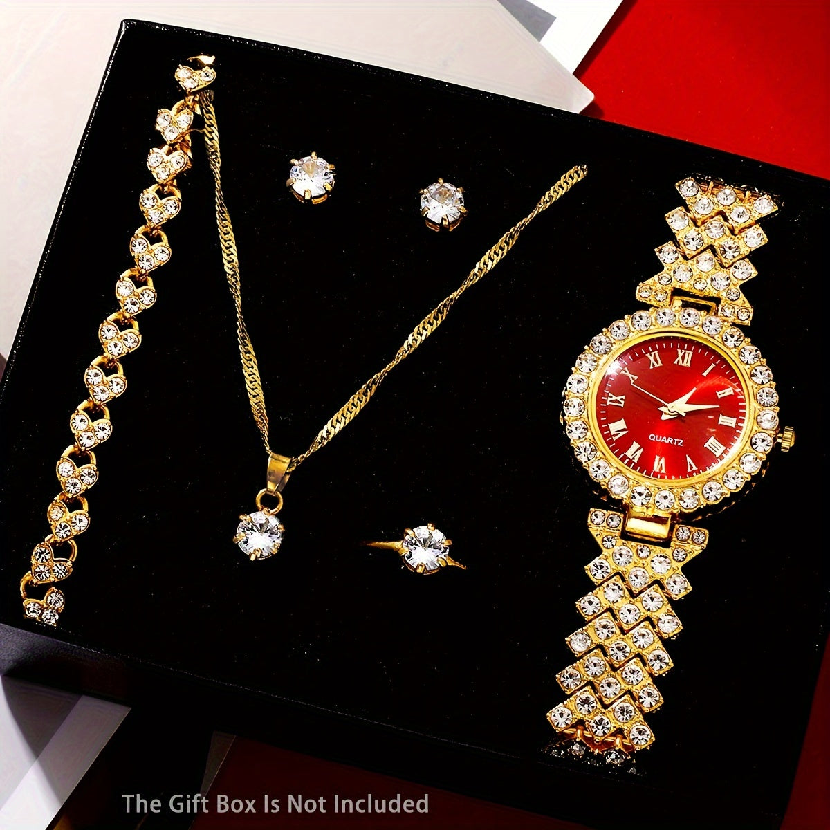 Women’s Luxury Rhinestone Quartz Watch Set with Jewelry Gift Box for Mom or Her