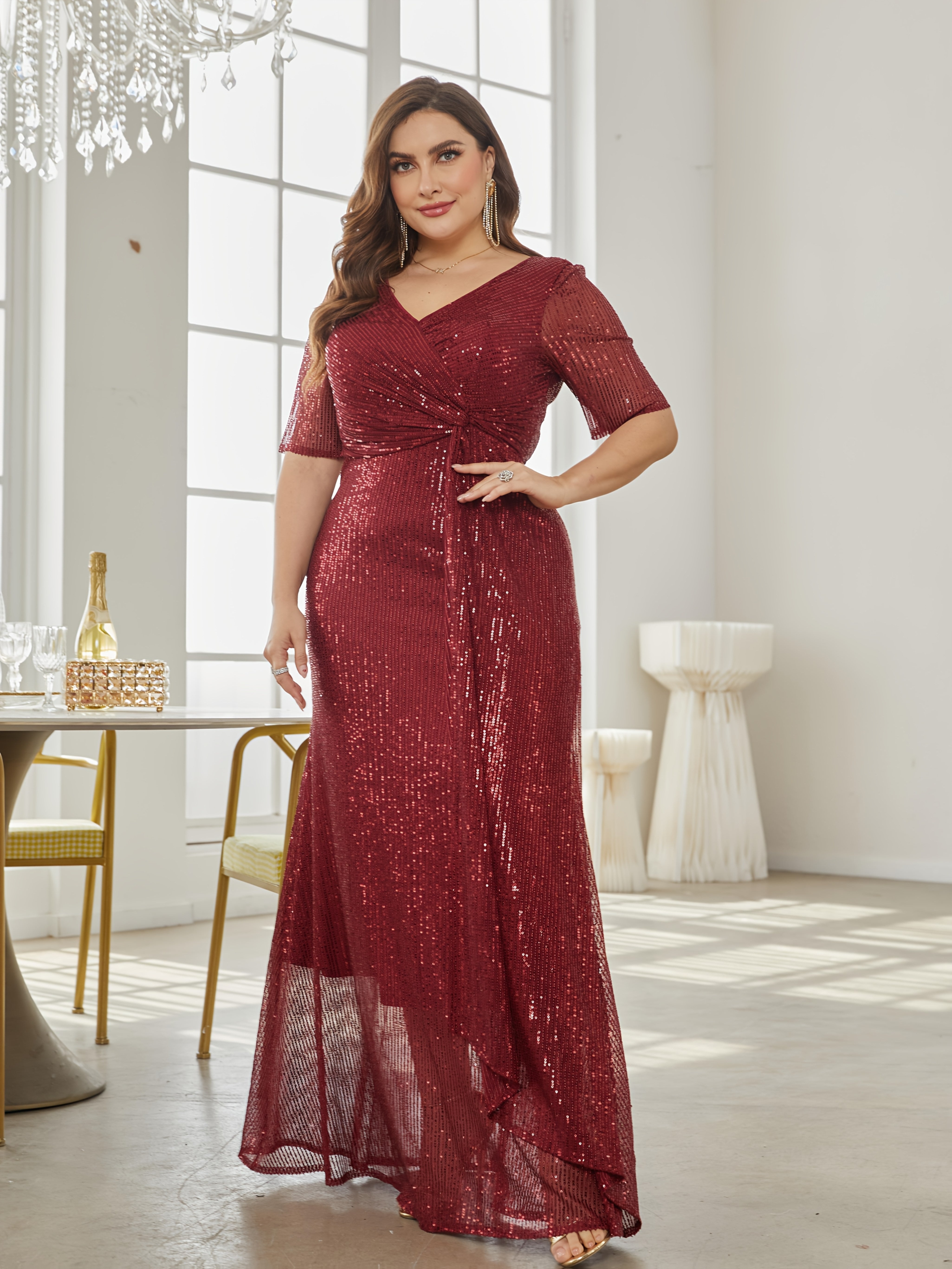 Plus Size Sequin Long Skirt Solid Color Party Dress for Women