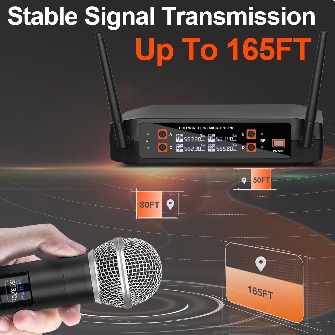 Sistema de micrófono de 4 canales con indicador de batería y conector de 6.35mm para karaoke, DJ, bodas